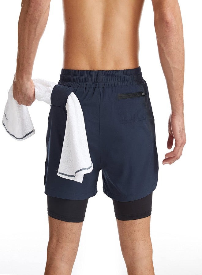 Surenow شورت رياضي رجالي من Surenow، قطعتان في قطعة واحدة، سريع الجفاف، مزود ببطانة داخلية، مناسب للتمارين الرياضية، مزود بجيوب بسحاب وحلقة للمنشفة، لون أزرق داكن - Image 2